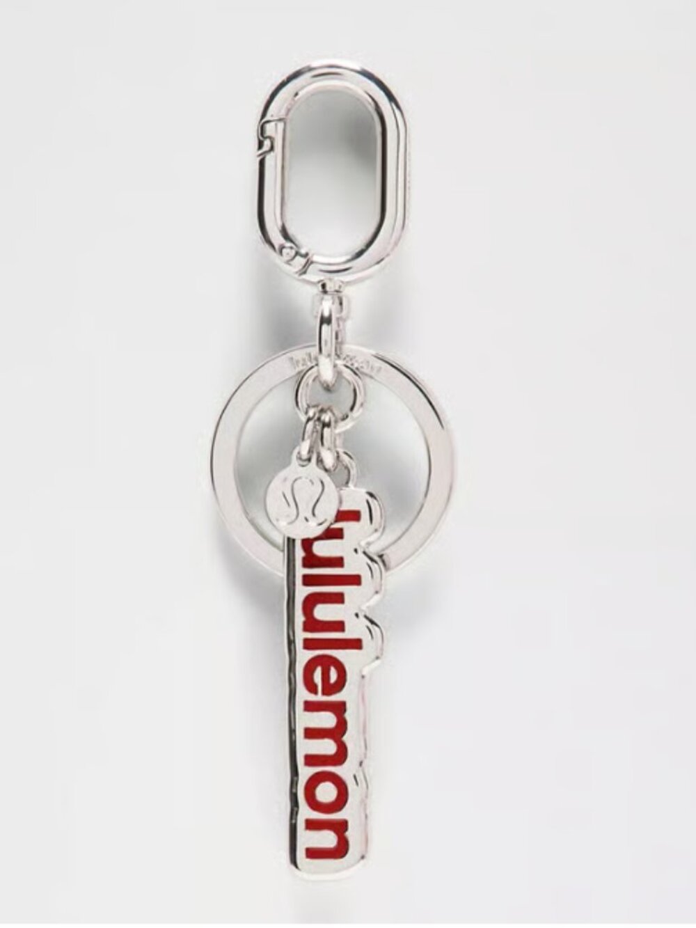 NEW Lululemon Metal Keychain Red Spellout and Silver Carabiner Clip